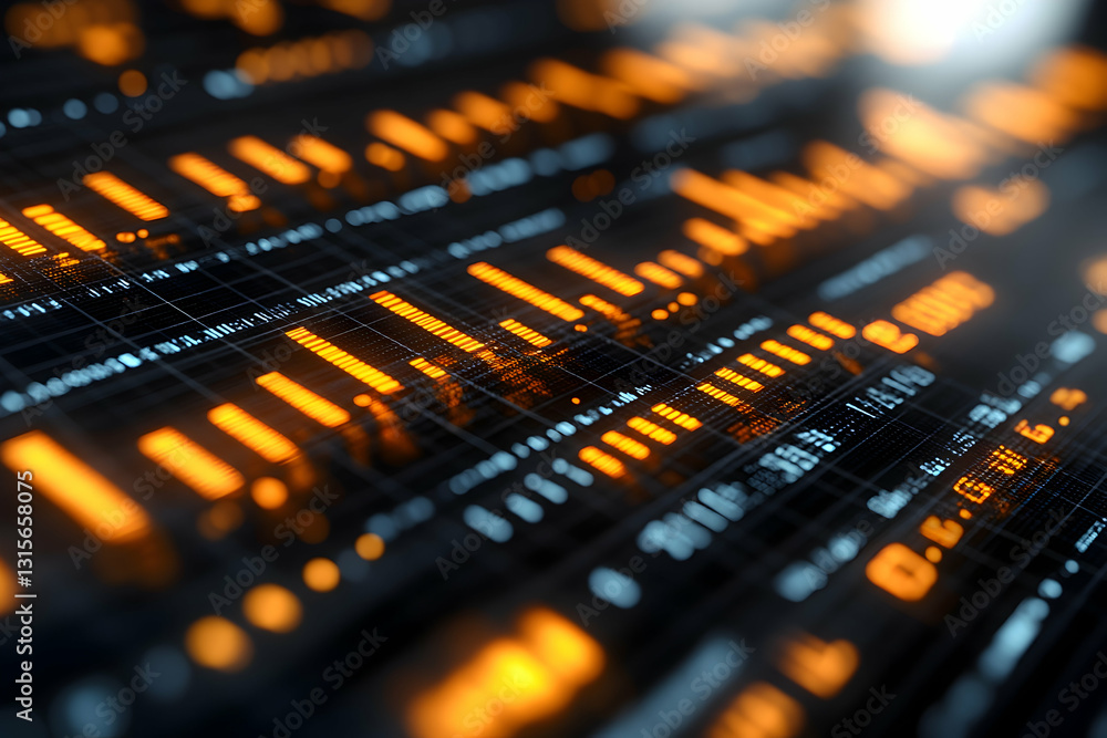 Poster abstract digital background with glowing orange and blue lines forming a grid pattern. data streams 