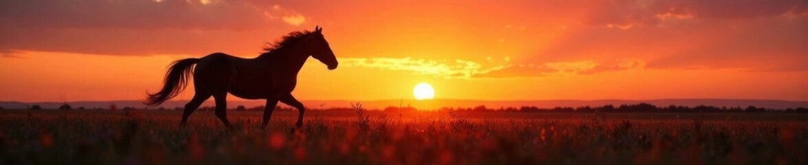 Dark horse silhouette running freely in the open fields at sunset, movement, landscape, open fields