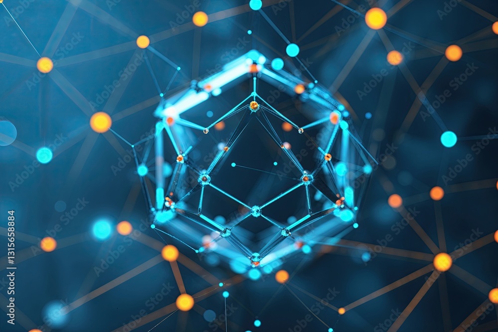 Poster advanced cyan hexahedron background featuring interconnected dots and lines for technology and digit