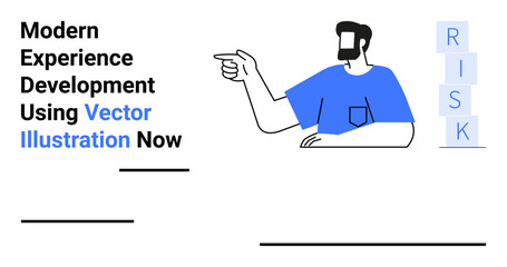 Man in blue shirt gesturing toward stacked blocks spelling RISK with modern text, minimal design. Ideal for business, leadership, teamwork, problem-solving, challenge, strategy, flat landing page