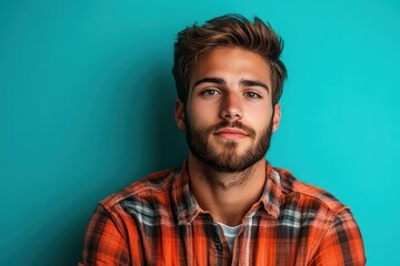 Obraz premium Confident young man poses in blue backdrop