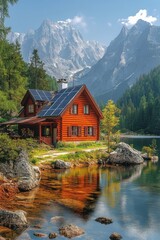 Cabin Retreat: Lakeside Log House with Solar Panels Reflecting in Calm Waters Against a Majestic Mountain Backdrop