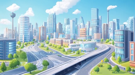 Obraz premium A vibrant cityscape with modern buildings, highways, and green spaces under a blue sky.