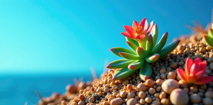 High-angle shot of Penca o tunera canaria plant against a blue sky, blue, succulent