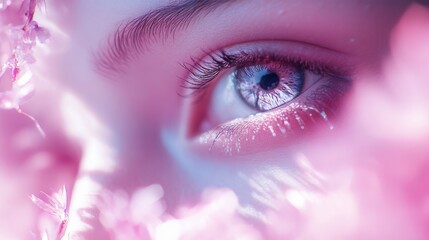 Close-up of a woman's eye surrounded by pink flowers