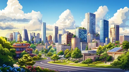 Fototapeta premium A vibrant cityscape with modern buildings and lush greenery under a bright sky.