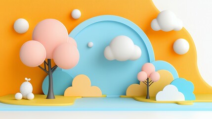 Pastel Colored 3D Render of Whimsical Landscape with Trees and Clouds