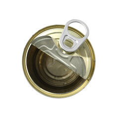 One open tin can isolated on white, top view