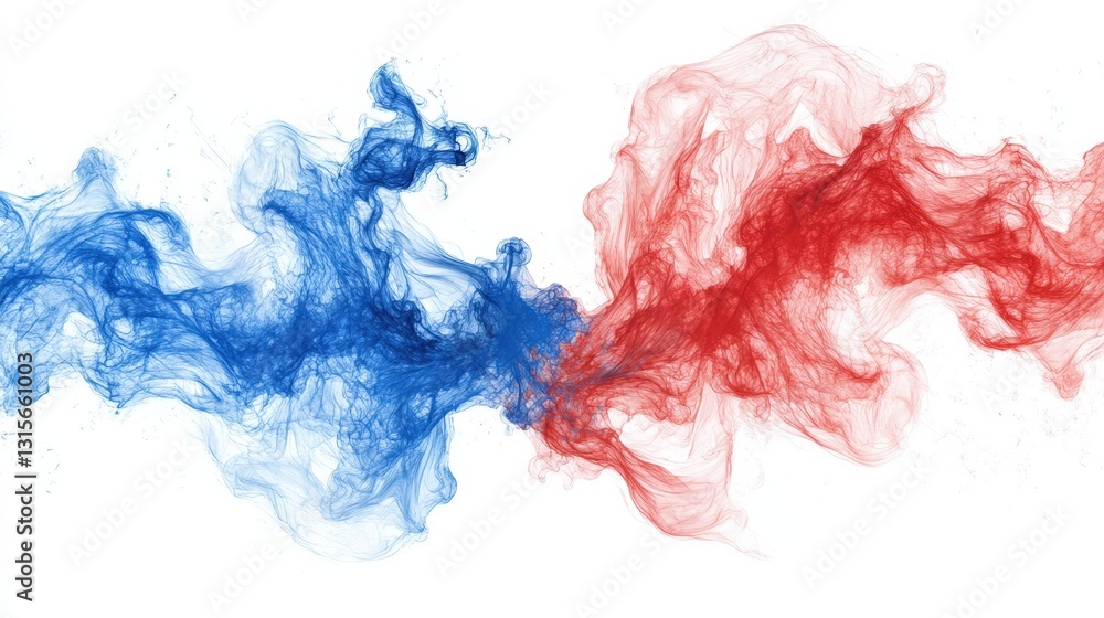Poster a high-energy abstract scene of blue and red fractal clouds colliding and merging in a beautifully c