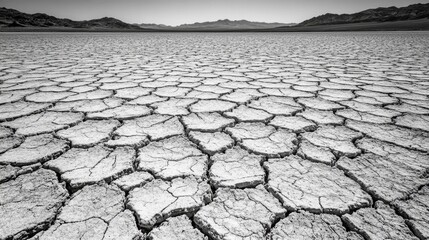 A desolate desert landscape with a large, rocky hill in the background. The ground is cracked and barren, with no vegetation in sight. The sky is clear and the sun is shining brightly