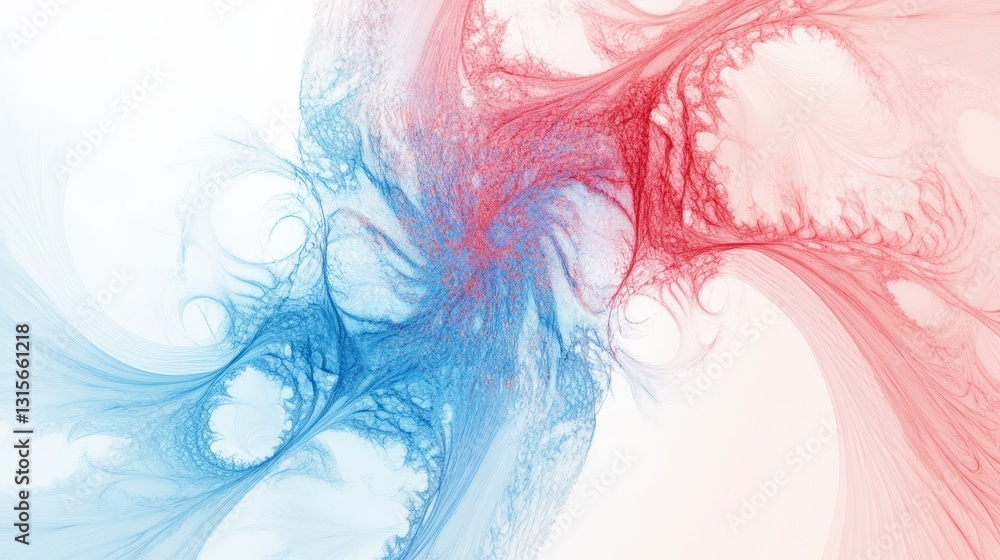 Poster a high-energy abstract scene of blue and red fractal clouds colliding and merging in a beautifully c