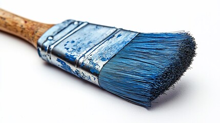Used blue paintbrush, angled view, white background, DIY project