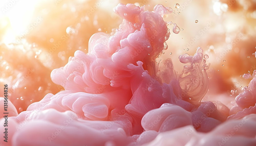 Poster abstract image of pink ink swirling in water, creating a dynamic, ethereal effect with light and bub