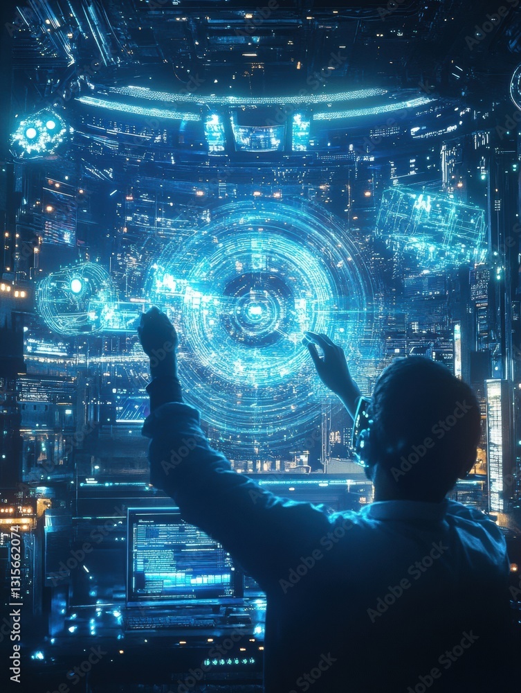 Fototapete engineer creates innovative designs for a futuristic device in a high tech workspace. generative ai