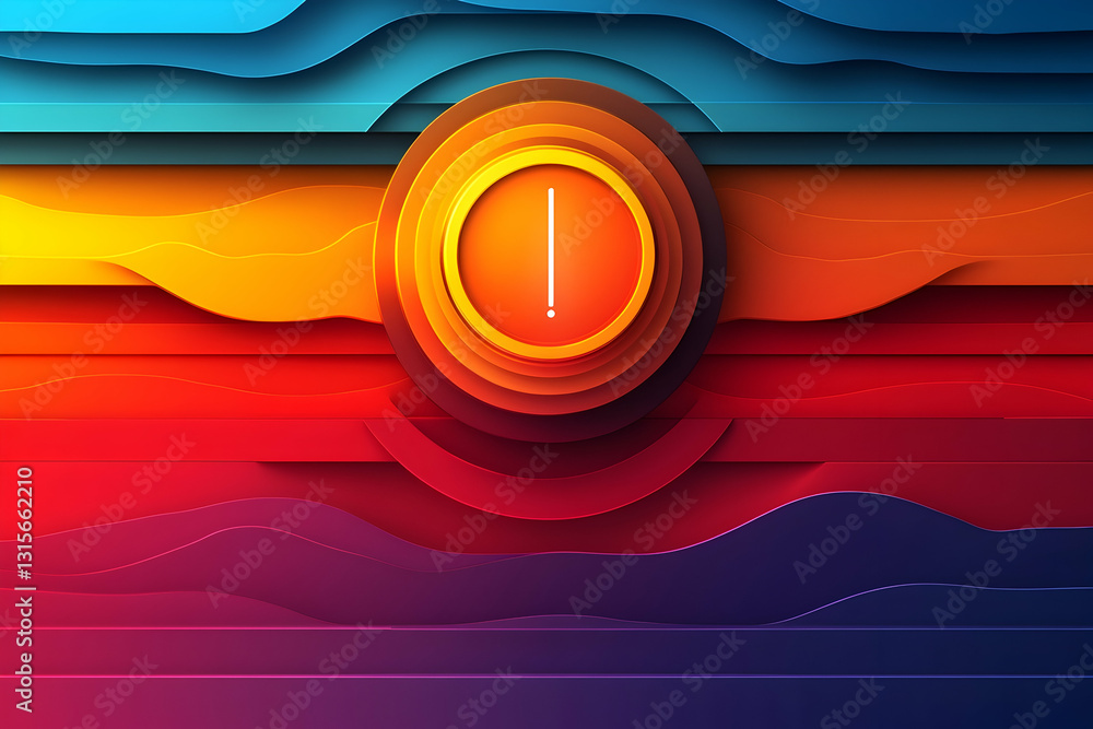 Poster abstract layered design with vibrant color gradients and wavy patterns, centered around a circular e