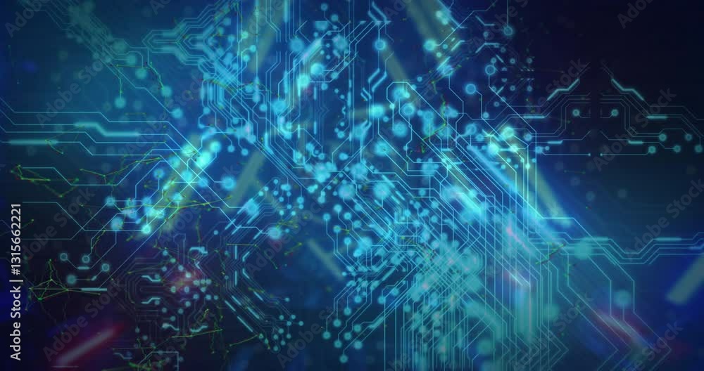 Poster glowing blue lines and dots in abstract digital circuit animation pattern