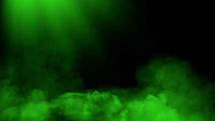 Green divine light through the mystery dark fog, smoke. The rays beam light on the floor. Spotlight he isolated the background.
