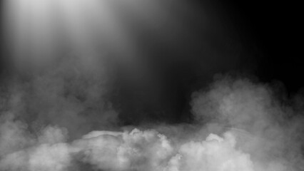 Divine light through the mystery dark fog, smoke. The rays beam light on the floor. Spotlight he isolated the background.