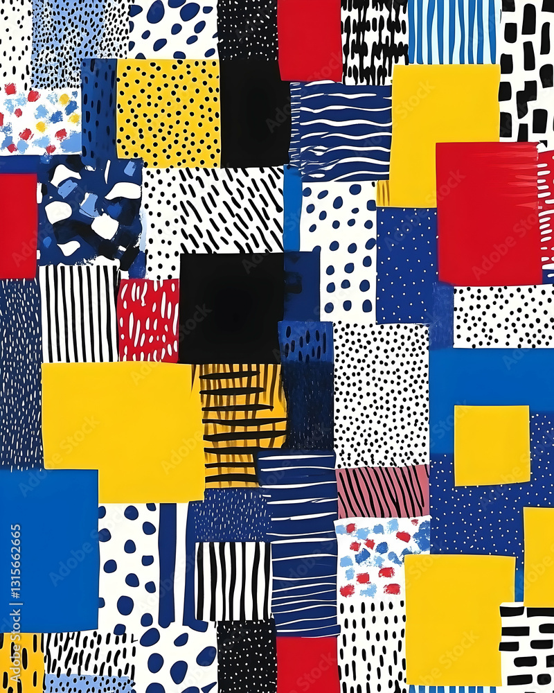Poster abstract patchwork of colorful squares with various patterns like stripes, dots, and brushstrokes