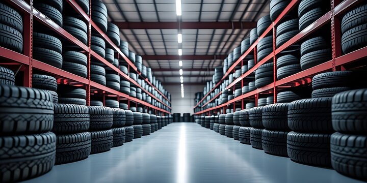 Large organized warehouse interior filled with stacked black tires on industrial red shelves, creating a symmetrical automotive storage space with strong lighting and clean flooring

