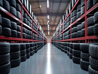 Large organized warehouse interior filled with stacked black tires on industrial red shelves, creating a symmetrical automotive storage space with strong lighting and clean flooring

