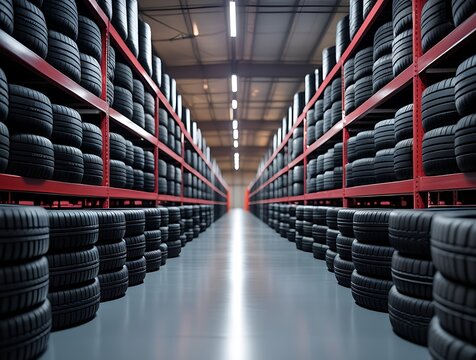 Large organized warehouse interior filled with stacked black tires on industrial red shelves, creating a symmetrical automotive storage space with strong lighting and clean flooring

 - Powered by Adobe