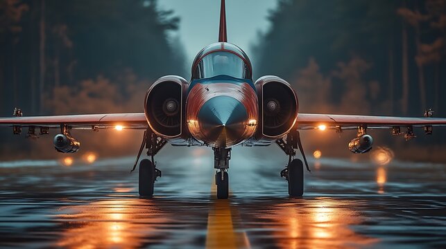 A Fighter Jet Resting On A Wet Runway Ready For Takeoff