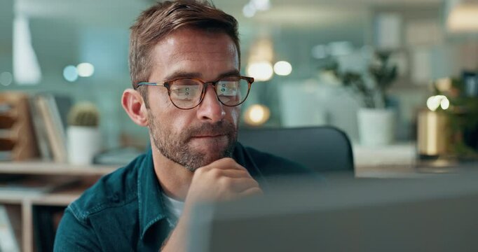 Reading, analysis or businessman on laptop for research or technology for finance, bookkeeping or report. Thinking, economy news or auditor with budget for company, accounting or financial investment