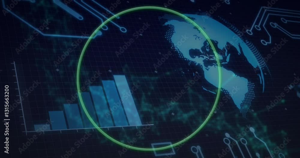 Poster digital animation of bar graph and world map in futuristic data visualization
