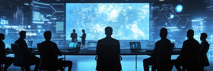 Virtual conference room hosting business meetings with avatars showcasing data analytics and collaboration in a high tech environment