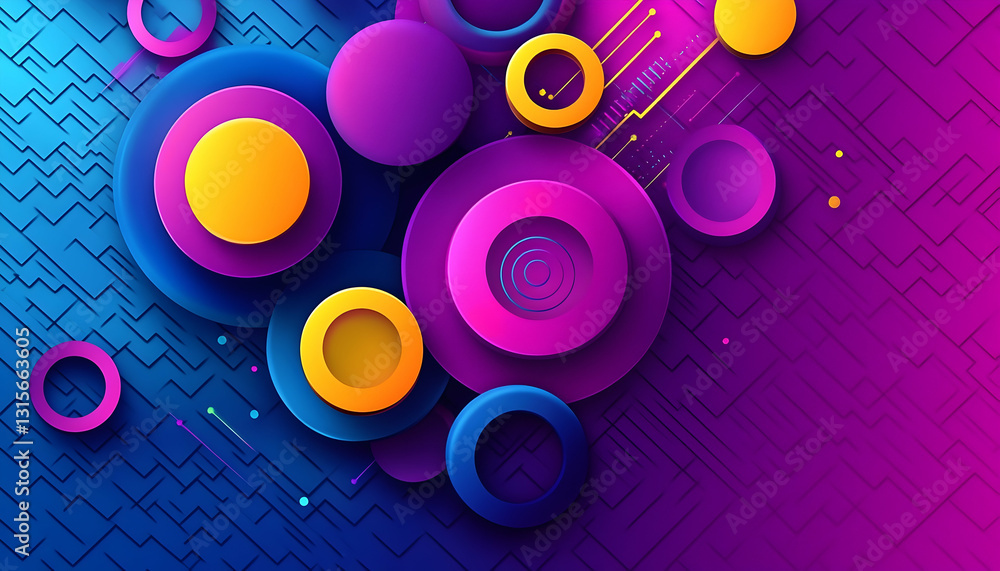 Aufkleber abstract vibrant circles overlap on a textured background with technological elements. dynamic color