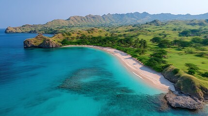 An aerial view shows a beautiful tropical island coastline