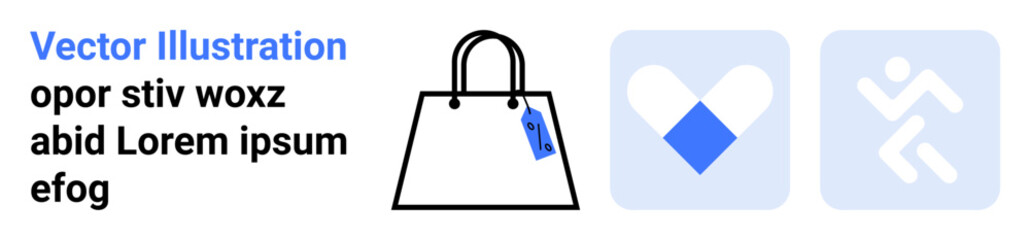 Black shopping bag with blue tag, minimal heart in two tones, and human figure icon in motion. Ideal for retail, health, fitness, ecommerce, lifestyle, branding promotions flat landing page banner