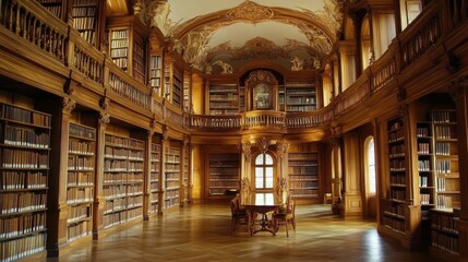 Ornate Baroque Library Hall interior with massive wooden bookshelves and vaulted ceiling architecture