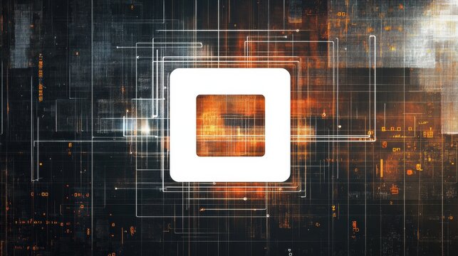 Centered white computer icon on abstract digital background with numbers, codes, and space for text