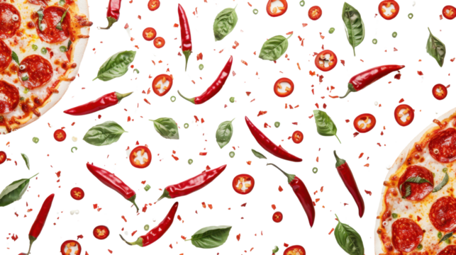 Delicious pepperoni pizza with chili peppers and basil on transparent background