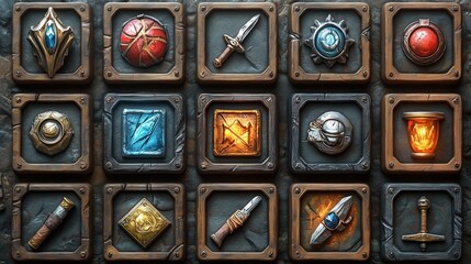 Game inventory icons weapons armor potions. Detailed RPG assets in wooden frames. Perfect for UI design. AI generated