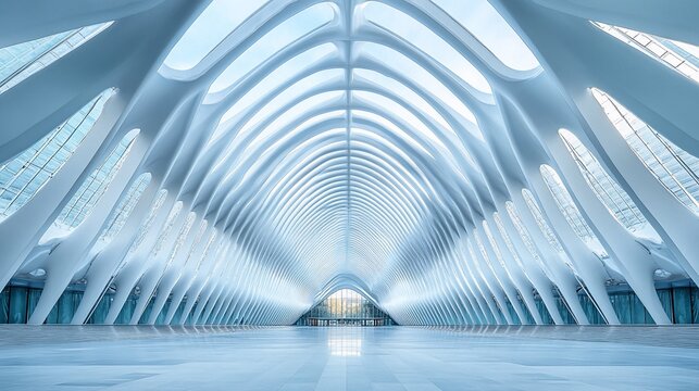 Futuristic Architectural Interior with Arched Ribs and Glass Walls and Ceilings