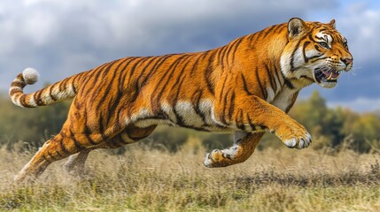 Obraz premium Realistic smilodon running through dry open savanna high fidelity natural environment dynamic viewpoint