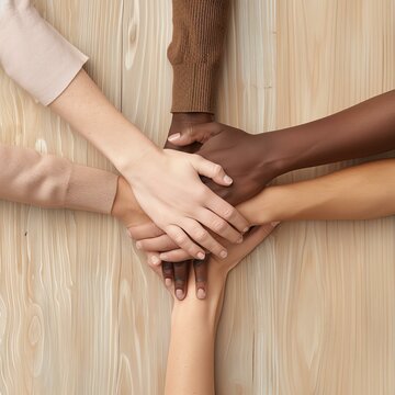 Diverse hands coming together in unity for collaboration and teamwork.