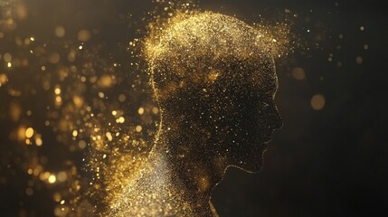 A human figure dissolving into tiny golden particles, ethereal mood