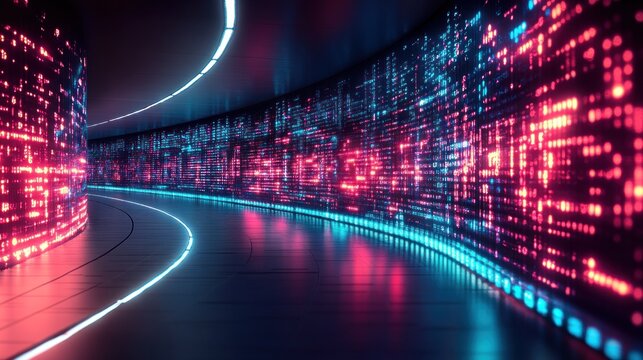Futuristic data tunnel with glowing code