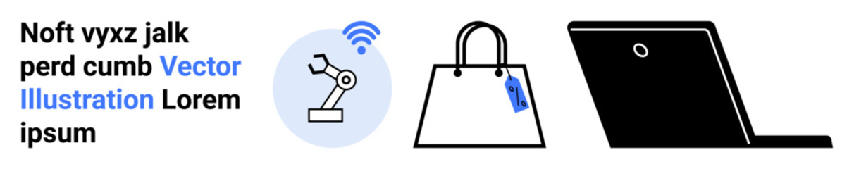 Robotic arm with signal icon, shopping bag featuring a tag, and thin tablet. Ideal for technology, e-commerce, innovation, automation, retail, connectivity product design flat landing page banner