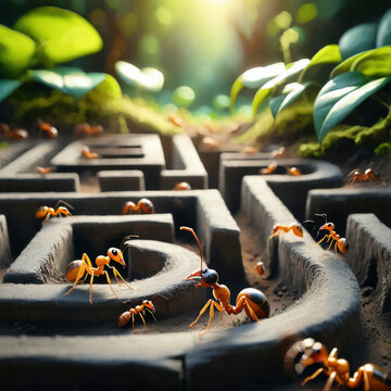 Ants finding best path in maze, using pheromone trails as communication