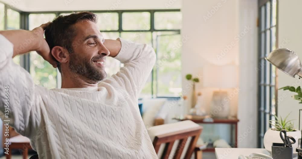 Poster computer screen, data and relax with man in home office for remote work as stock market investor. in