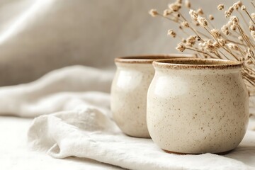Elegant Handmade Ceramic Cups on Linen Fabric