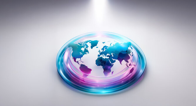 A glowing globe of the world is encircled by vibrant blue and pink energy streams, casting a radiant light upwards against a soft, neutral backdrop.