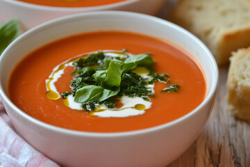 Delicious bowl of creamy tomato soup garnished with fresh basil and olive oil sits beside sliced bread