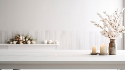Empty white table with christmas decoration background