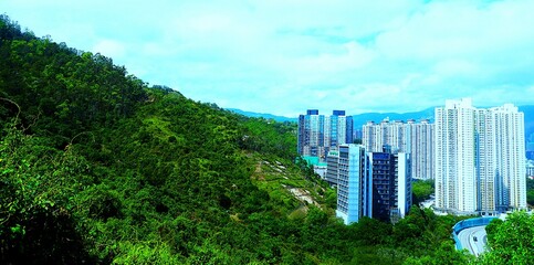 Fototapeta premium Panorama Hongkongu z wysokimi wieżowcami mieszkalnymi i malowniczymi górami w tle. Miejska linia horyzontu pięknie kontrastuje z naturalną zielenią otaczających wzgórz.